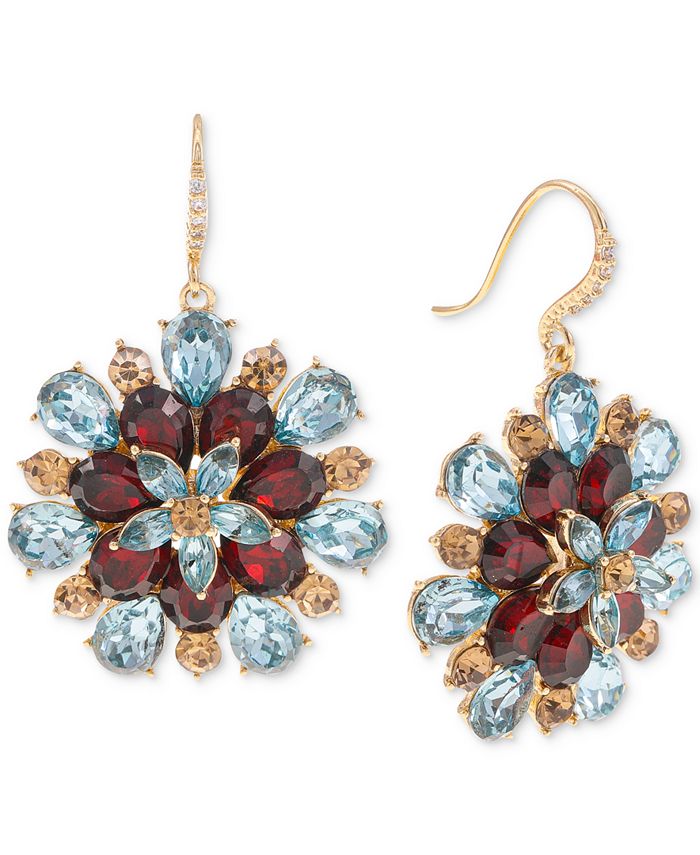 Gold-Tone Multicolor Mixed Stone Flower Drop Earrings