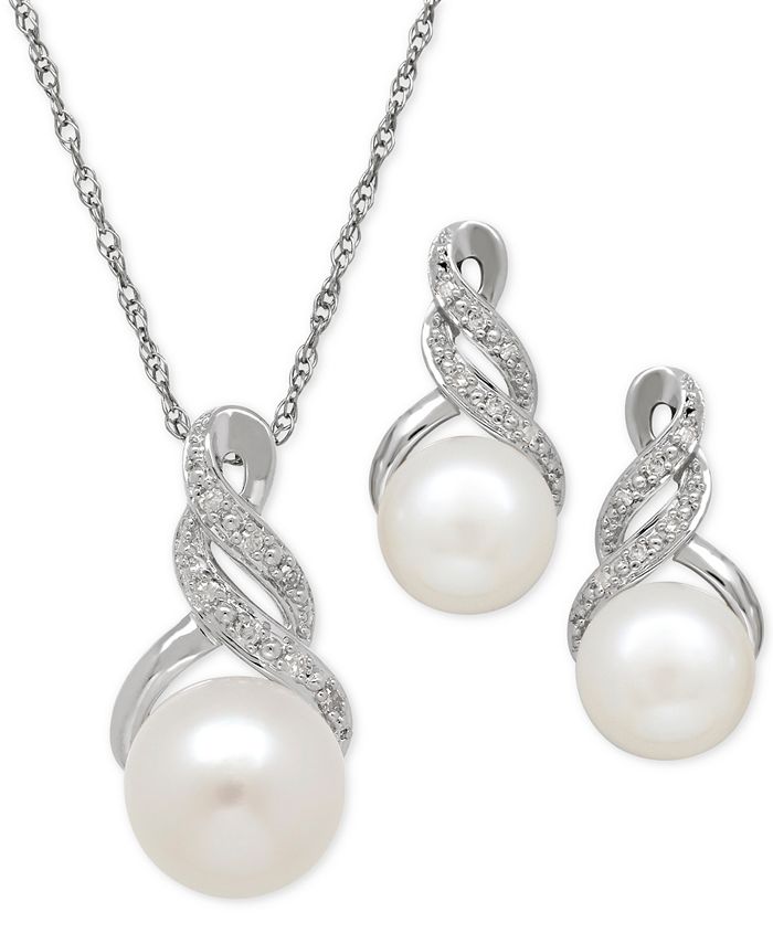 Cultured Freshwater Pearl & Diamond Accent Pendant Necklace + Earrings