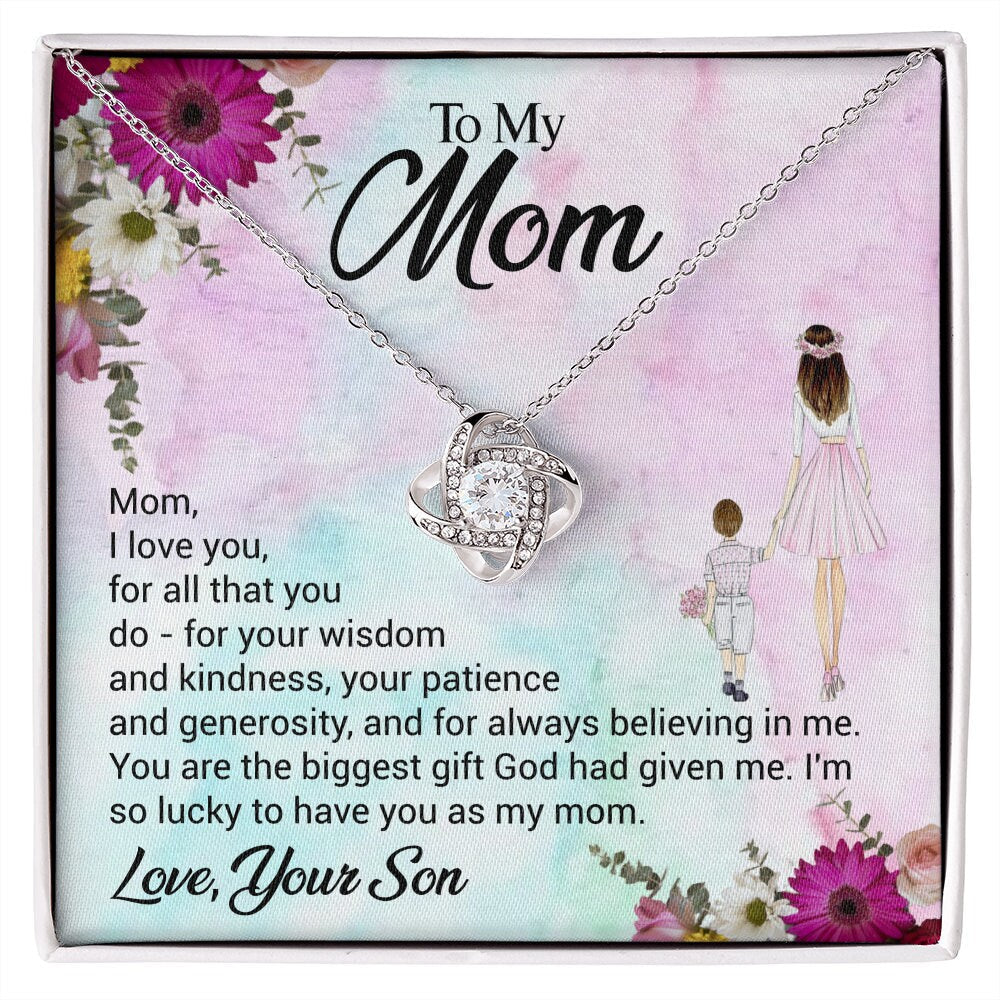 Love knot Necklace with Message Card for Mom from Son